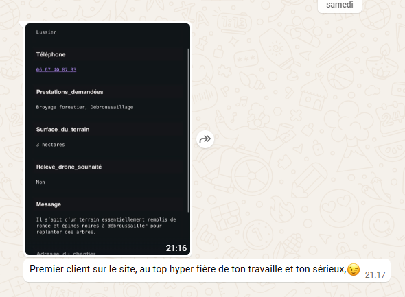 Capture WhatsApp — demande de devis reçue via le site CVL Broyages